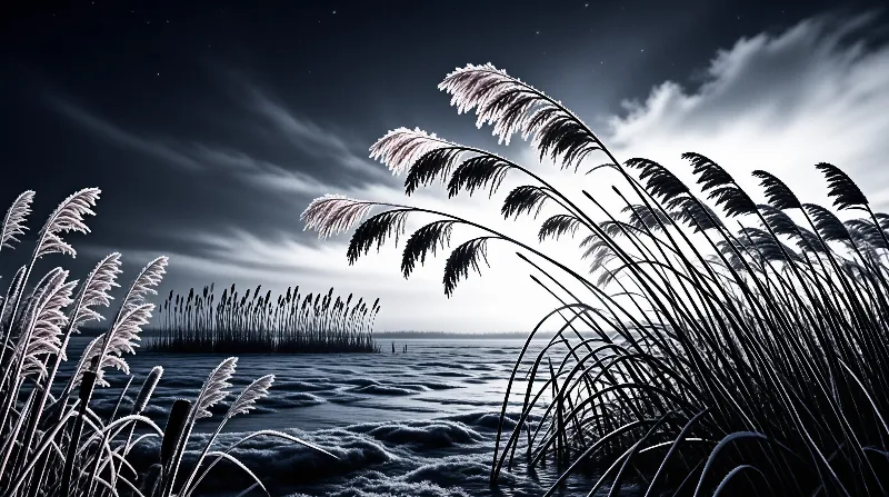 Frosty reeds lean over a dark rippling lake beneath a cloudy night sky with scattered stars and distant cattails.