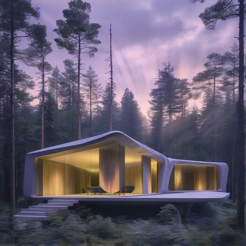 A sleek white house with large windows sits amidst tall pine trees while purple twilight skies glow above.