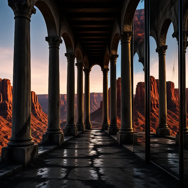 Wet-stone colonnade arches run towards orange and red sandstone canyon at dusk, wet paving reflecting the fading sky light.