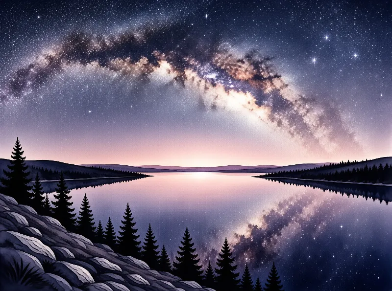 A vast galaxy curves across a deep blue sky above a calm lake reflecting stars and a pink horizon glow.