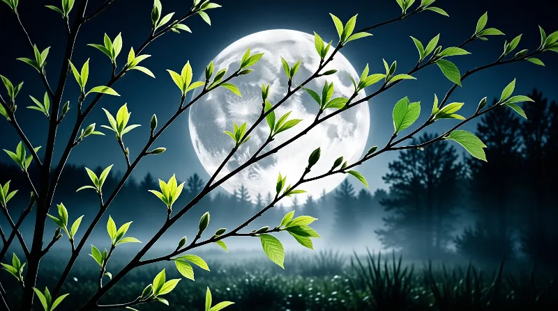 A large full moon glows brightly behind branches with green leaves against a foggy forest landscape at night.