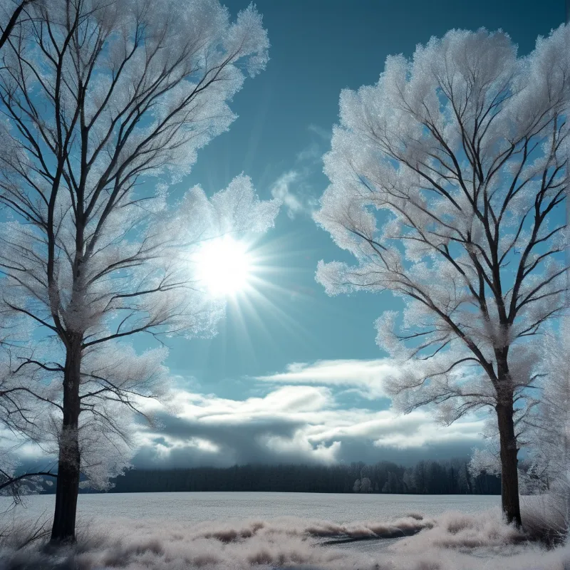 Two frost-covered trees stand beside a frozen body of water while a bright sun shines through the blue sky.