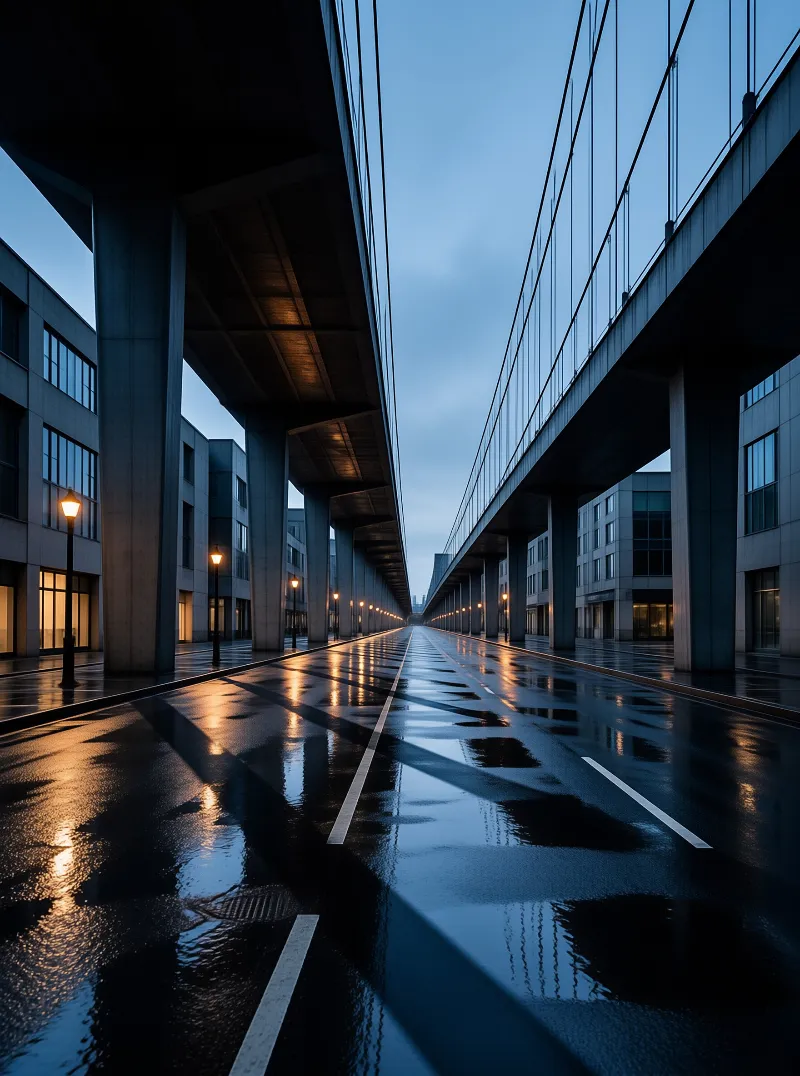 Rainwater mirrors rows of glowing street lamps along an empty roadway framed by tall concrete piers.