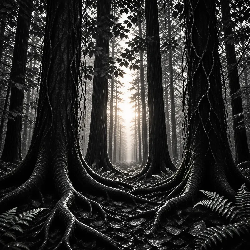 Massive tree roots curve across the forest floor leading into bright light.