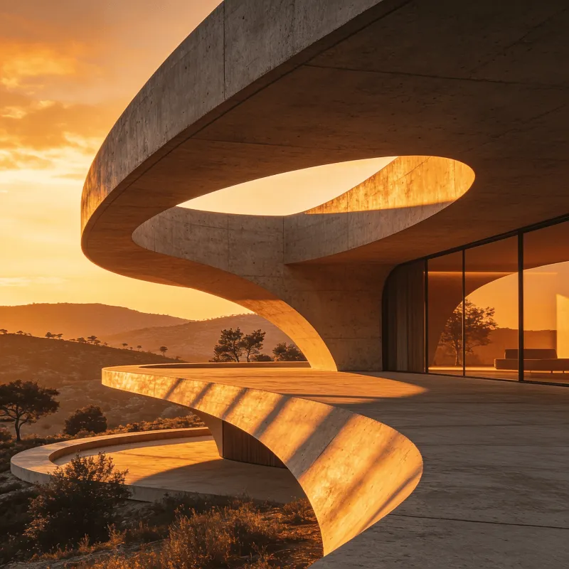 Villa with Curved Concrete — Golden Sunset