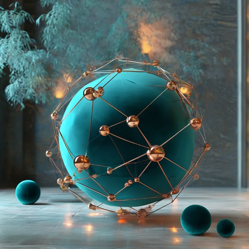 A large turquoise ball sits inside an open lattice of thin copper rods and nodes, surrounded by smaller spheres on the floor.