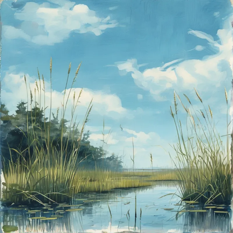 Tall grasses grow along the banks of a calm stream beneath a bright blue sky with white clouds.