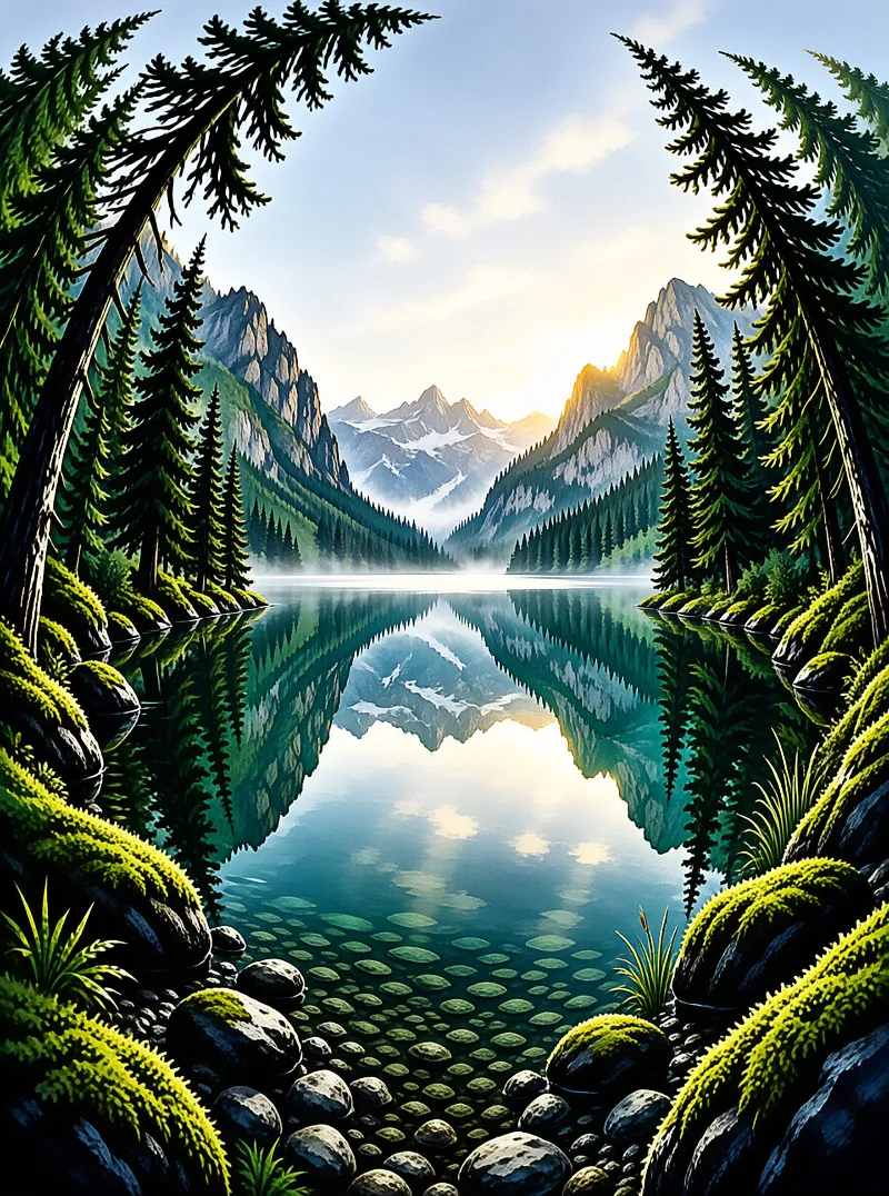 A calm alpine lake mirrors the jagged mountains and dark pine trees under a soft golden glow.