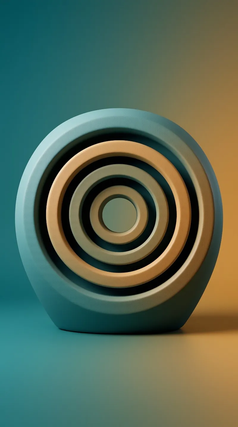 A rounded teal form with alternating recessed and raised rings sits on a gradient blending cyan into amber.