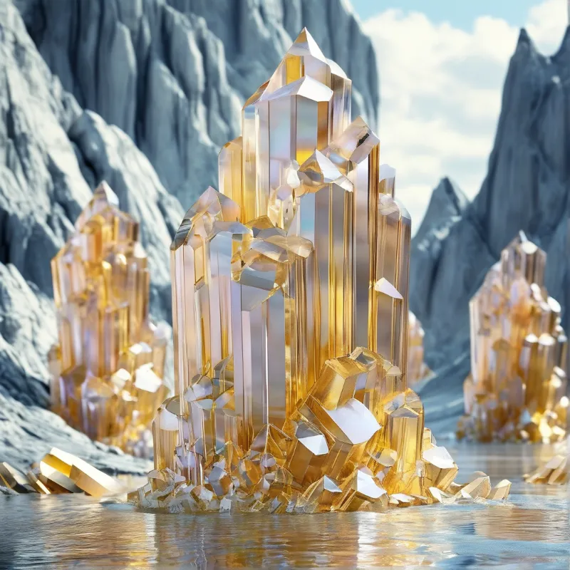Large golden crystal formations emerge from calm water near grey mountains