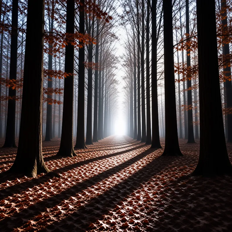 Tall vertical tree trunks frame a forest path covered in brown leaves leading toward a bright misty exit.