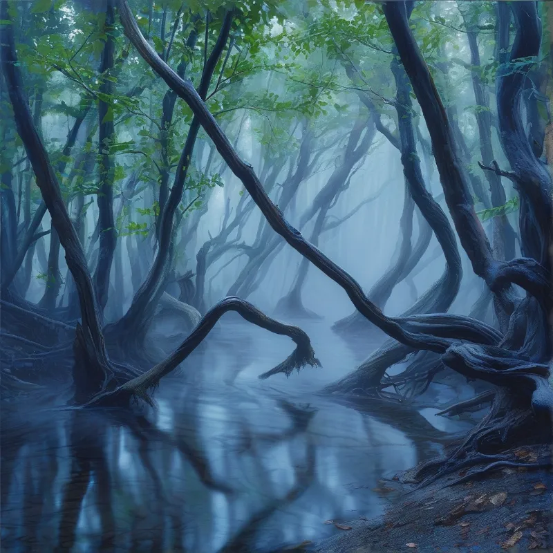 Dark twisted trees grow from calm blue water in a misty forest with soft green foliage filtering pale light.