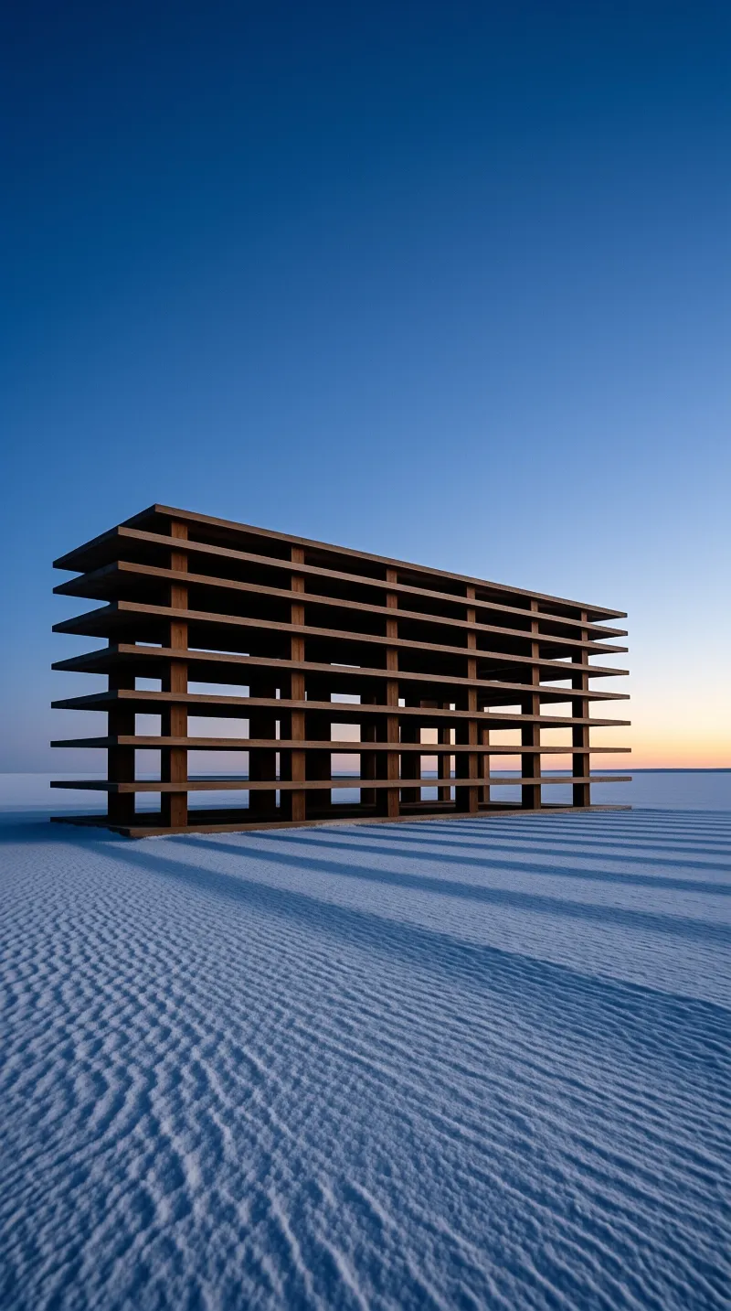 A geometric wooden framework with horizontal layers casts striped shadows on snow beneath a calm blue twilight sky with a hint of warm horizon glow.