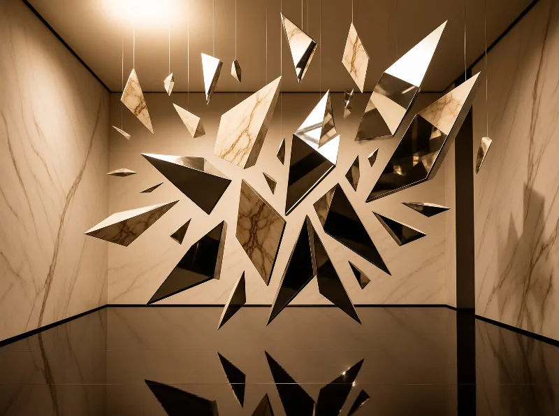 Angular panels of stone and mirror hang on fine wires above a dark reflective floor, scattering amber light.
