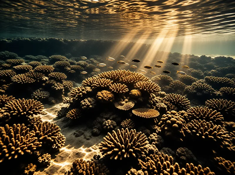 A school of small fish swims above branching coral formations lit by shafts of sunlight through rippled water.