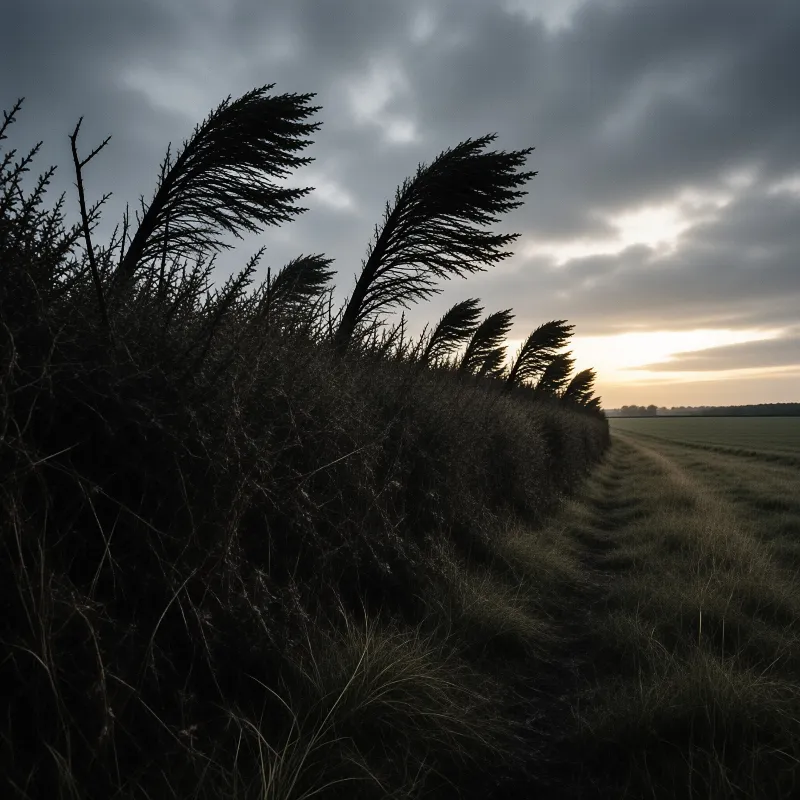 Tall dark grasses bend violently in the wind against a cloudy sky with a strip of golden light near the horizon.