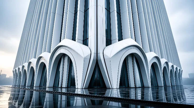 A futuristic white building with curved arched colonnade at its base is mirrored in dark wet ground under pale overcast sky.