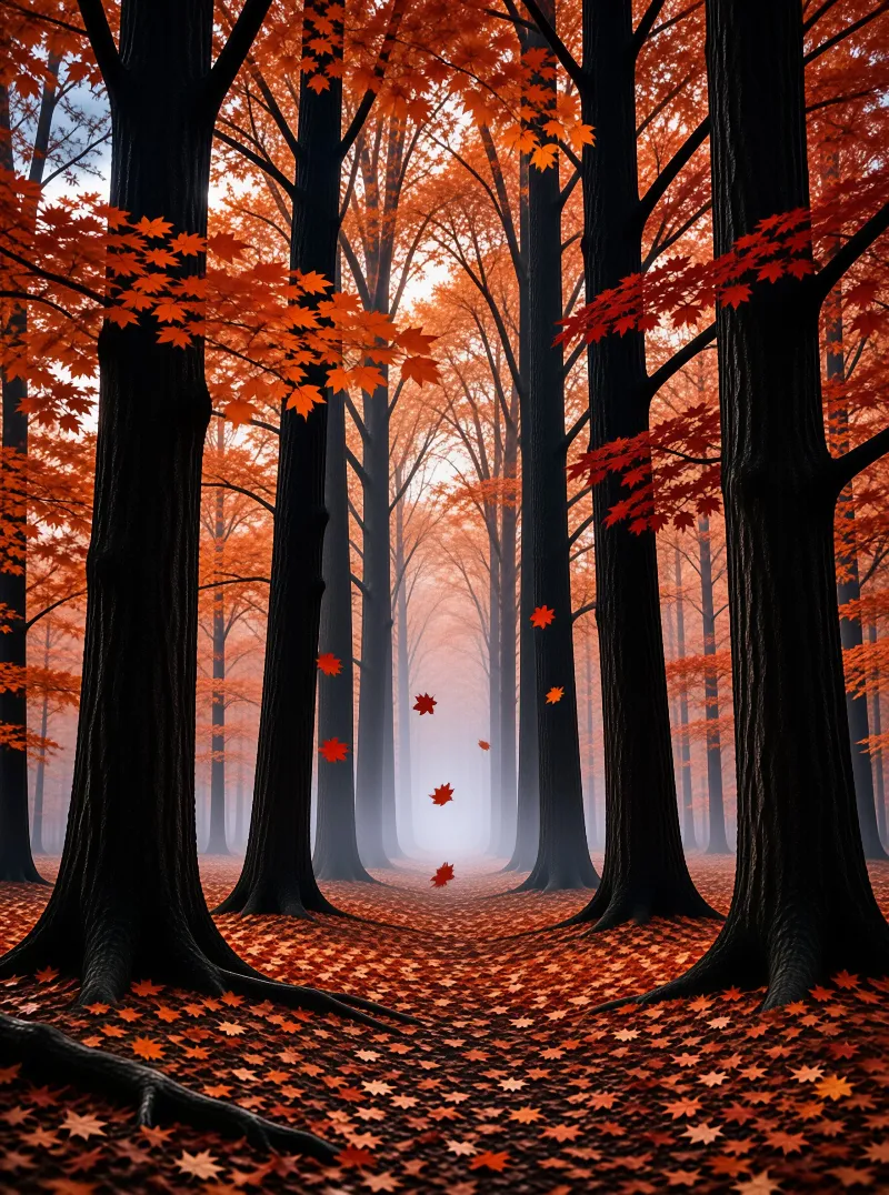Tall dark tree trunks frame a path covered in bright orange maple leaves while fog obscures the background.
