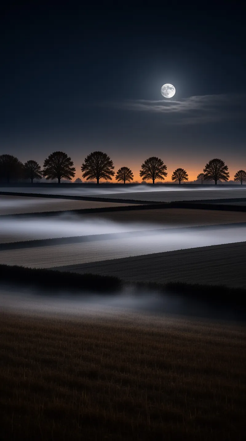 Rolling fields at night covered in thick fog with a full moon visible above the tree line.