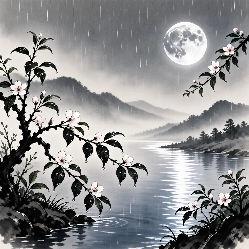 Monochromatic painting of sakura branches with raindrops hanging over a reflective lake beneath a bright full moon.