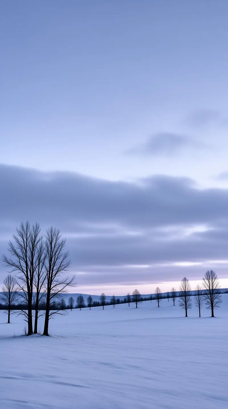 Leafless trees stand scattered across a vast white snowy field beneath a cool blue twilight sky.
