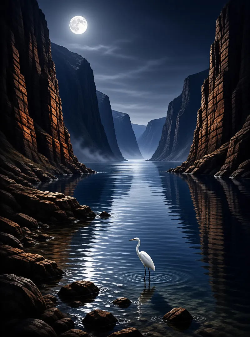 A lone white egret stands in shallow water beside towering stepped canyon walls with a bright full moon hanging overhead.