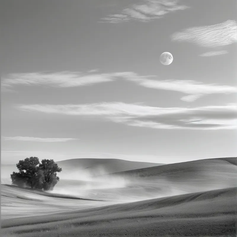 Grayscale scene of desert dunes with mist near trees and a moon visible among wispy clouds.