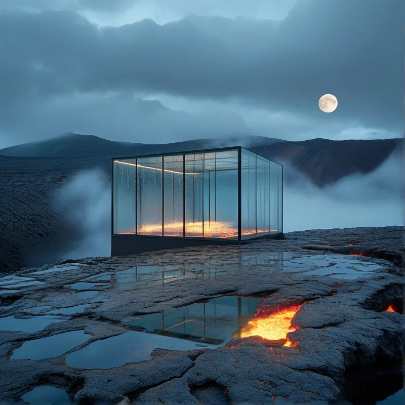 A glass room glows warmly on volcanic rock beside flowing lava, reflective puddles, mist, and a full moon in cloudy twilight.