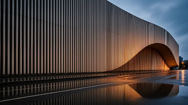 Vertical wooden fins sweep across a curved facade that glows with warm light above wet pavement.