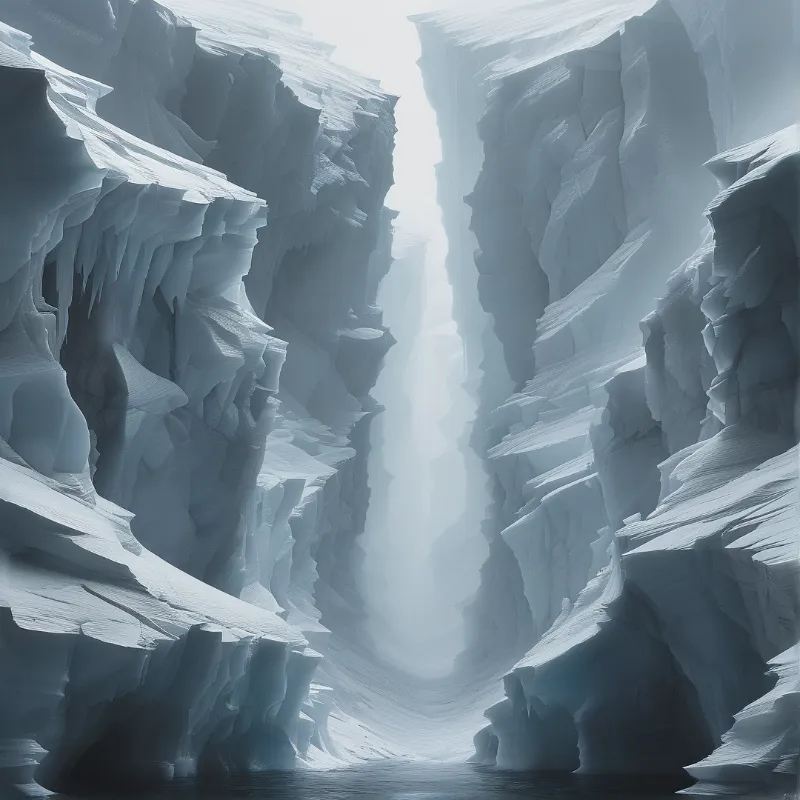 Towering pale blue ice walls frame a bright central beam of light above a dark pool in this frozen canyon.