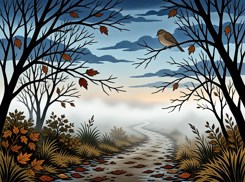 A small bird rests on a branch above a foggy stream lined with orange leaves under a hazy blue sky.
