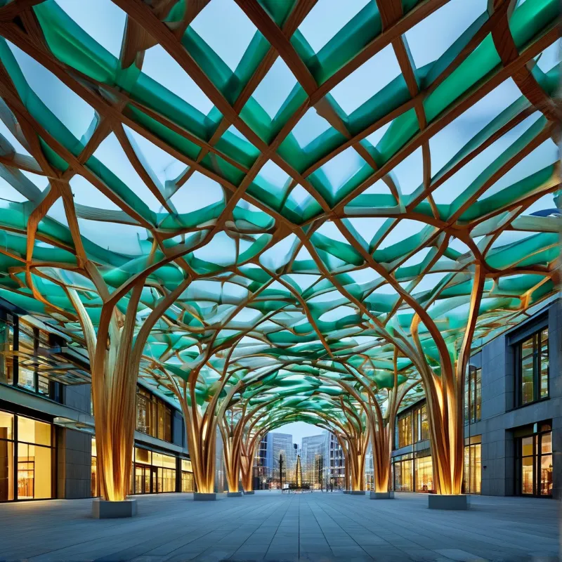 Tree-like wooden pillars support a green translucent lattice canopy in an urban plaza.