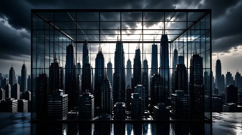 A glass panel structure frames a clustered skyscraper skyline beneath brooding storm clouds with faint sun rays peeking through