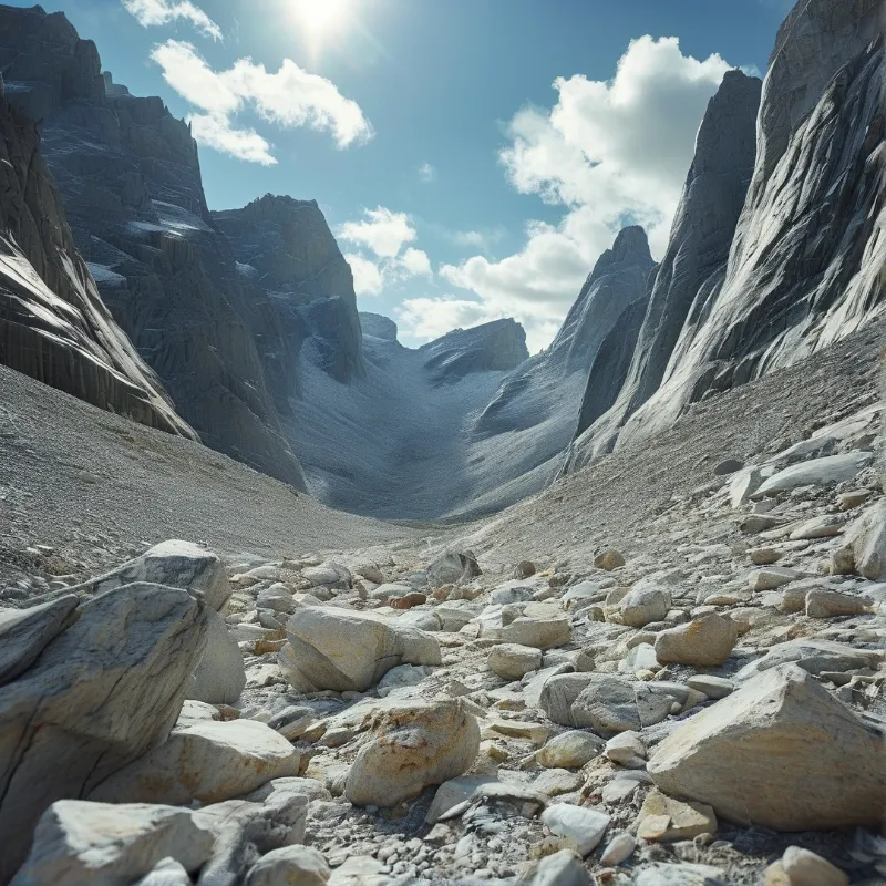 A rocky mountain valley floor is covered in scattered grey stones under a bright blue sky with white clouds.