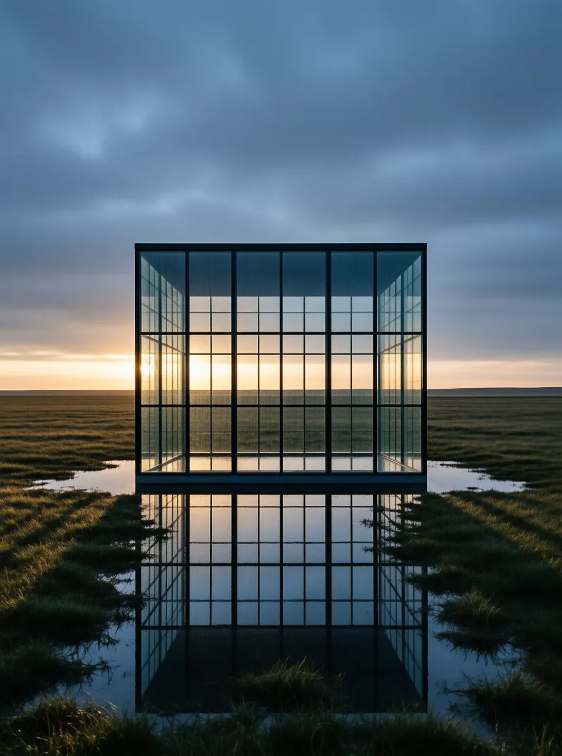 A transparent glass cube stands in the middle of a vast grassy plain, mirroring the dramatic cloudy sky and the warm light of the setting sun in a still puddle of water at its base.