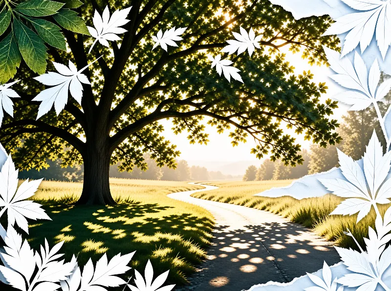 Long shadows stretch across a lane that curves toward warm fields, framed by cut paper leaves along the edges.