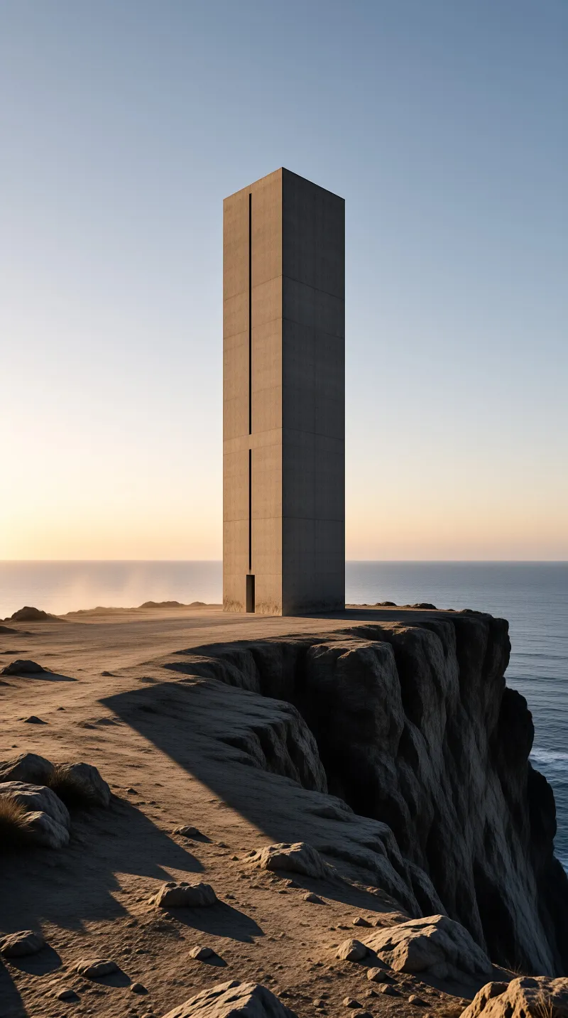 Tall concrete tower stands on a rocky promontory overlooking the sea. Long shadows stretch across the ground.
