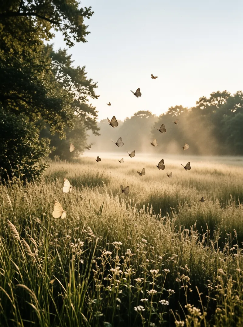 Pale butterflies drift above tall grass and small white blooms in a sunlit meadow wrapped in morning mist.