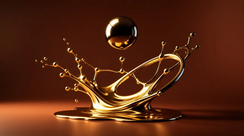 A polished gold sphere hovers above a metallic liquid splash radiating droplets against a warm brown backdrop.