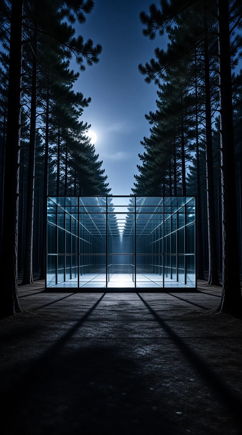 A symmetrical glass walkway stands in a dark forest under a bright full moon, casting long shadows on the ground