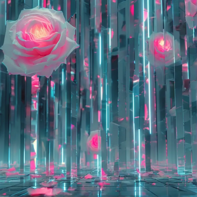 A glowing pink rose hovers in a corridor of mirrored columns with neon lighting and scattered petals.