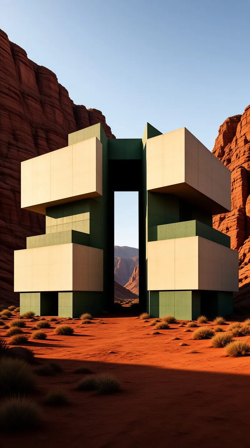 A monolithic geometric gateway of cream and olive blocks stands in a red rock desert canyon under bright sunlight.