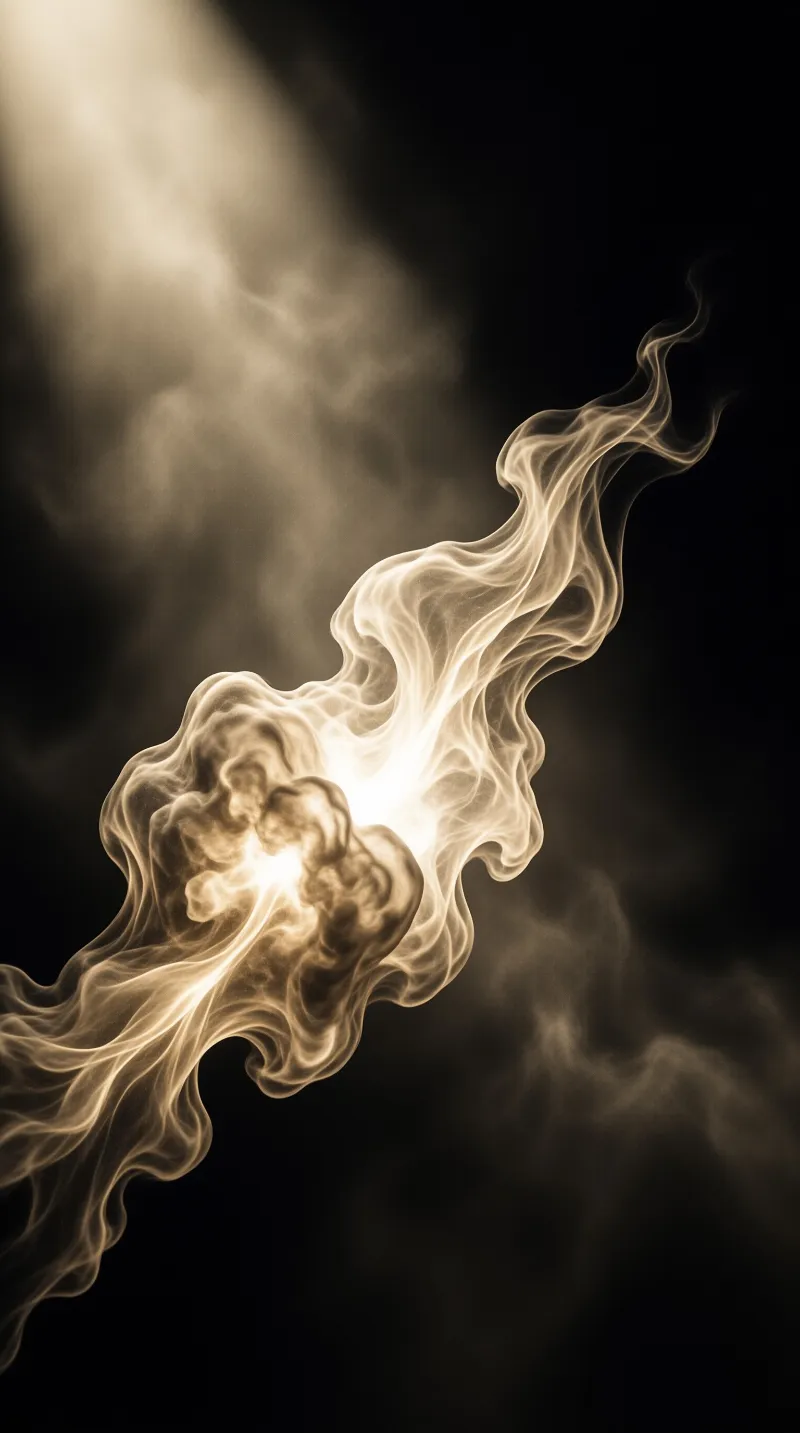 Illuminated beige smoke curls upwards in a dynamic spiral formation set against a solid black backdrop.
