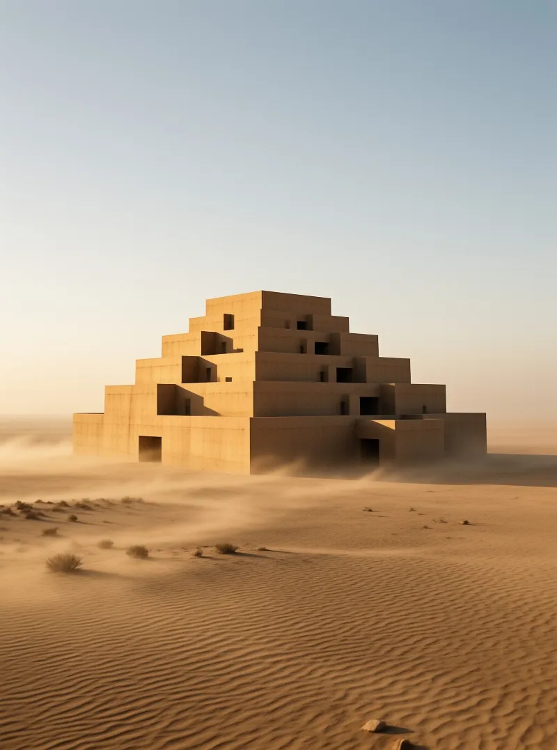 Stepped pyramid structure rises from desert landscape, bathed in warm golden sunlight casting shadows on dunes.