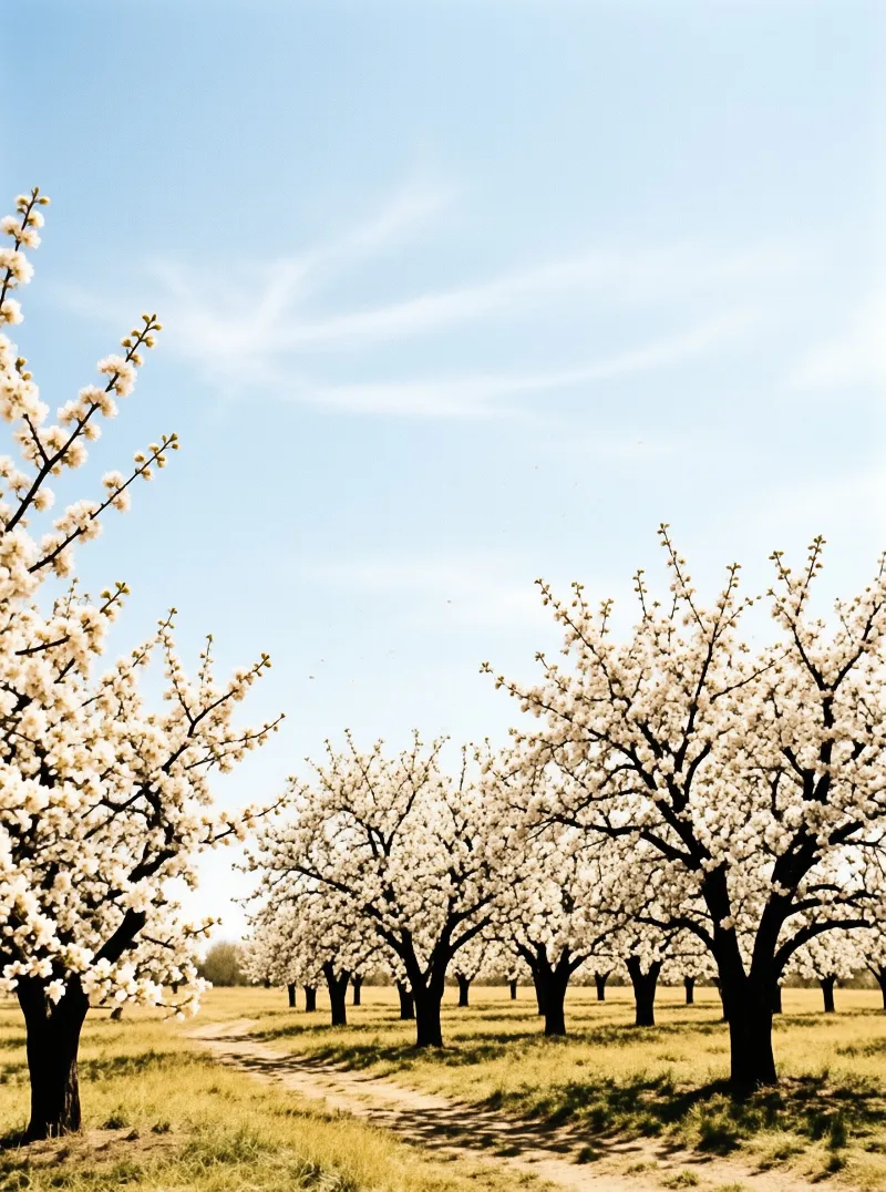 Rows of white flowering trees stand in a green field with a dirt path winding between them under a bright sky.
