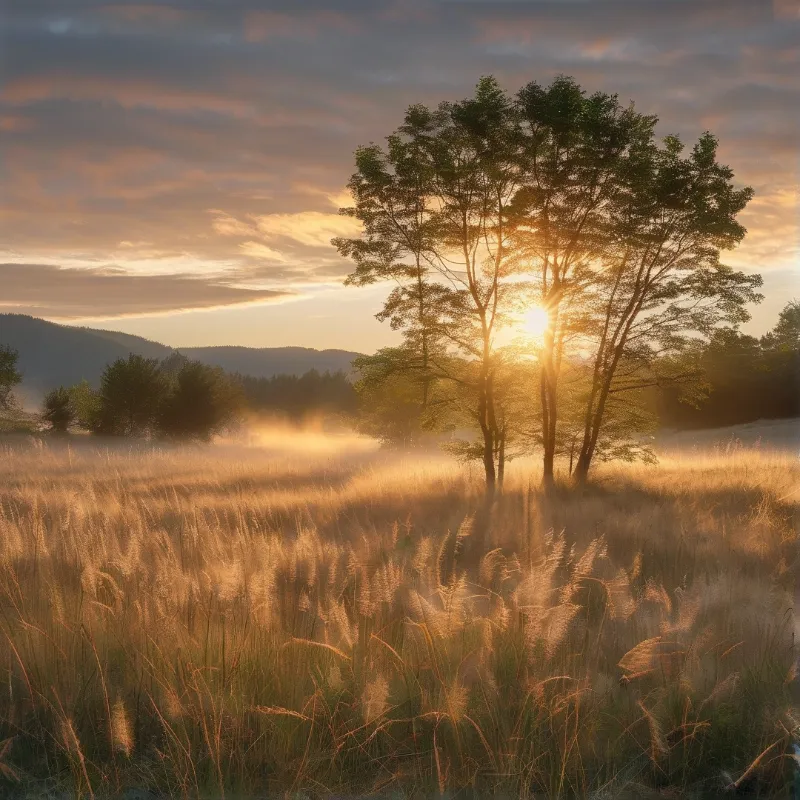 A cluster of trees silhouettes against the sky above a field of tall backlit grass and low lying morning mist.