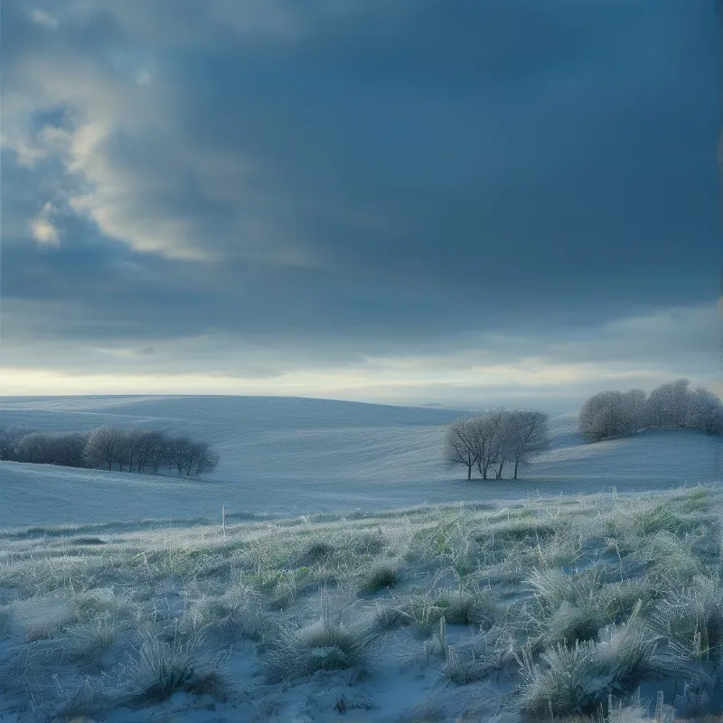 Frozen grasslands stretch beneath heavy clouds while bare trees stand in the misty distance.