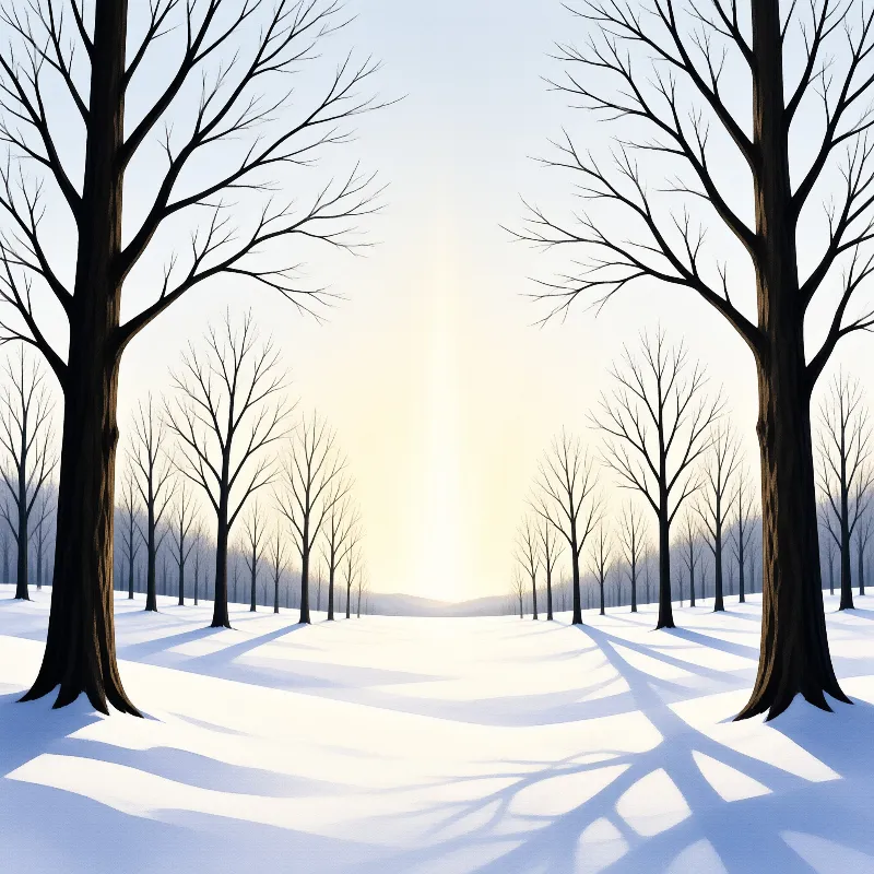 Dark trees line a snowy field while a bright sun glows in the center casting long shadows across the white ground.