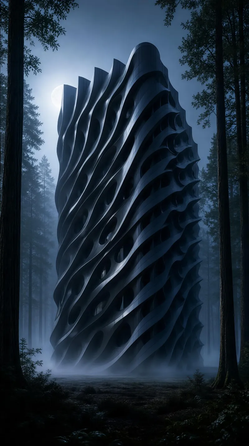 Surreal Tower in Misty Forest
