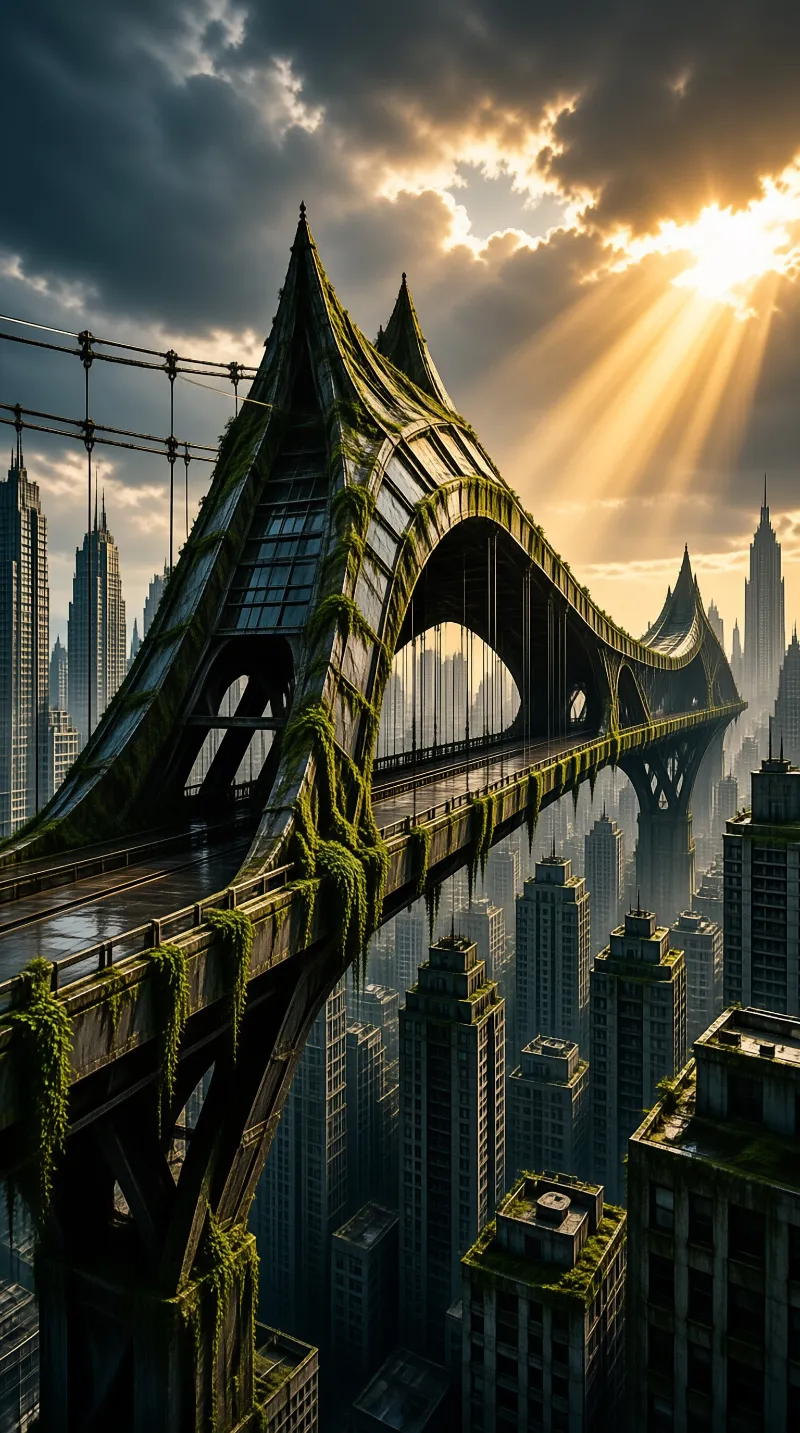 A weathered gothic style elevated bridge thick with hanging ivy stretches over a hazy dense skyscraper skyline, with warm golden sunbeams piercing through dark storm clouds above.